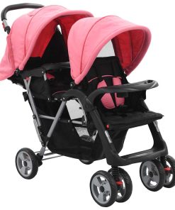 vidaXL Kinderwagen dubbel staal roze en zwart