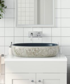vidaXL Opzetwasbak ovaal 59x40x14 cm keramiek zandkleurig en blauw