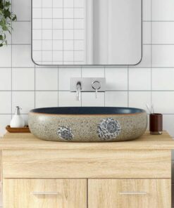 vidaXL Opzetwasbak ovaal 59x40x14 cm keramiek zandkleurig en blauw