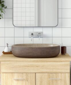 vidaXL Opzetwasbak ovaal 59x40x14 cm keramiek zandkleurig en bruin