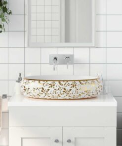vidaXL Opzetwasbak ovaal 59x40x15 cm keramiek wit en goud