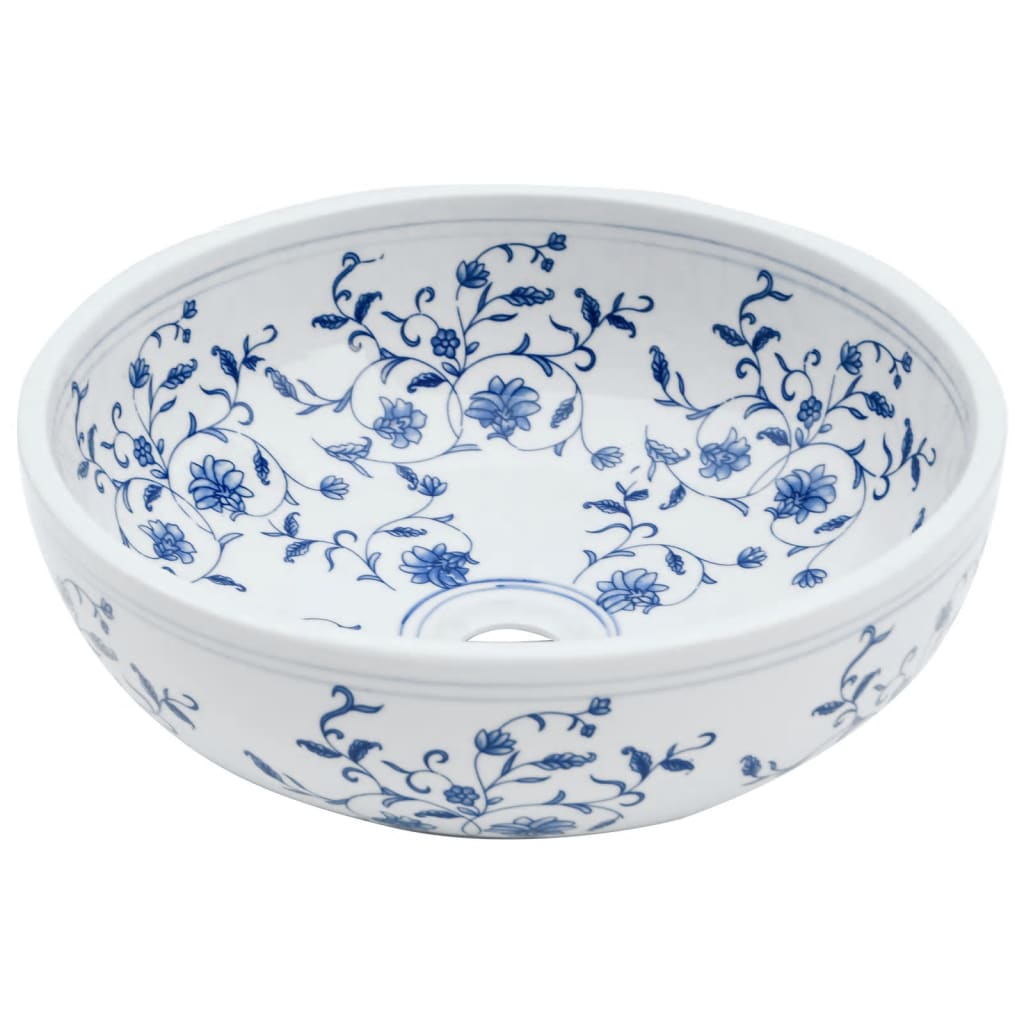 vidaXL Opzetwasbak rond Φ41x14 cm keramiek wit en blauw - Image 3