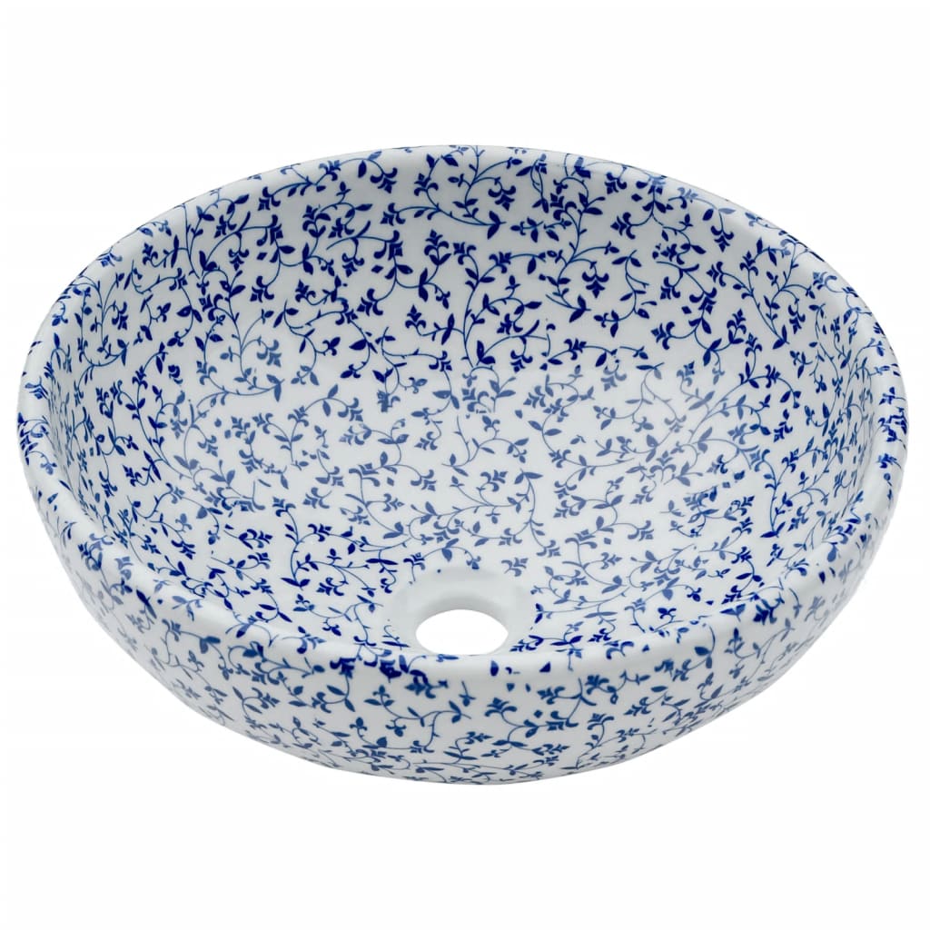 vidaXL Opzetwasbak rond Φ41x14 cm keramiek wit en blauw - Image 3