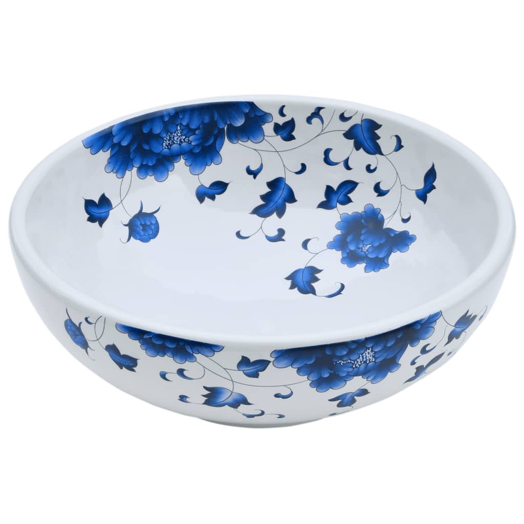 vidaXL Opzetwasbak rond Φ41x14 cm keramiek wit en blauw - Image 3