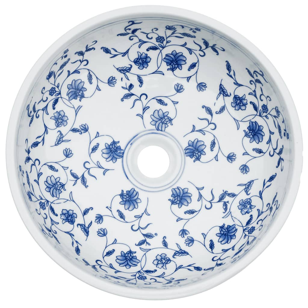 vidaXL Opzetwasbak rond Φ41x14 cm keramiek wit en blauw - Image 4