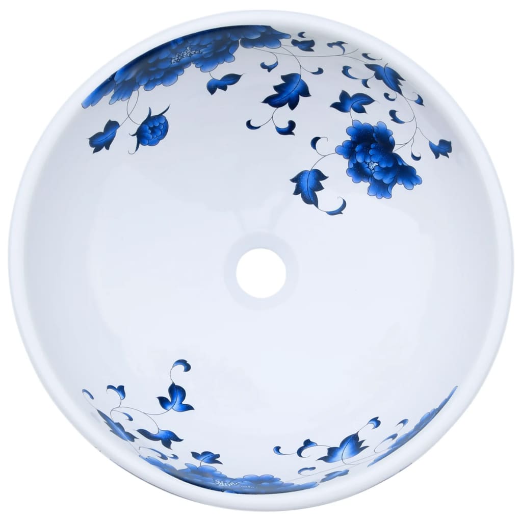 vidaXL Opzetwasbak rond Φ41x14 cm keramiek wit en blauw - Image 4