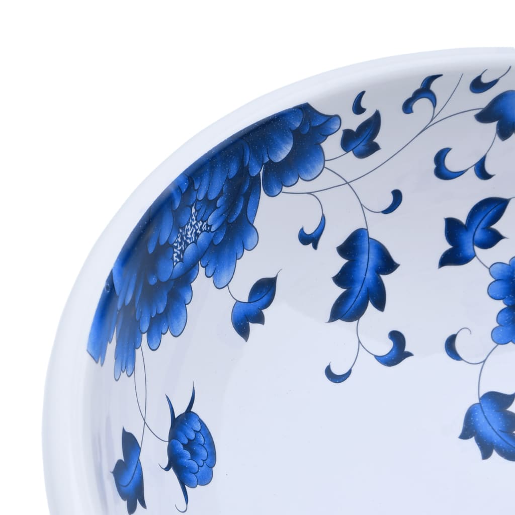 vidaXL Opzetwasbak rond Φ41x14 cm keramiek wit en blauw - Image 5