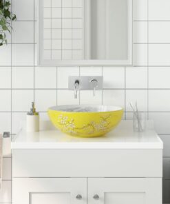 vidaXL Opzetwasbak rond Φ41x14 cm keramiek wit en geel