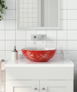 vidaXL Opzetwasbak rond Φ41x14 cm keramiek wit en rood