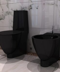 vidaXL Toilet- en bidetset keramiek zwart