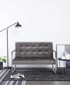 vidaXL Tweezitsbank met armleuningen chroom en fluweel donkergrijs