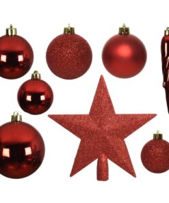 Decoris Kunststof Kerstballen Mix 8 cm + Piek Kerstrood 33 Stuks
