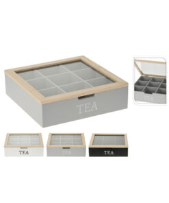 Houten Theedoos 9 Vakjes 24x24 cm Assorti