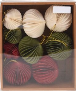 Papieren Kerstballen 8 cm 9 Stuks Wit/Groen/Rood