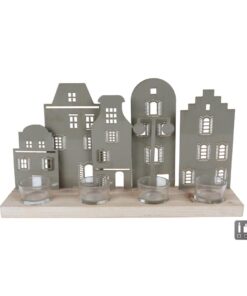Theelichthouder Hollands Straatje 38x8.5x20 cm Sagegroen