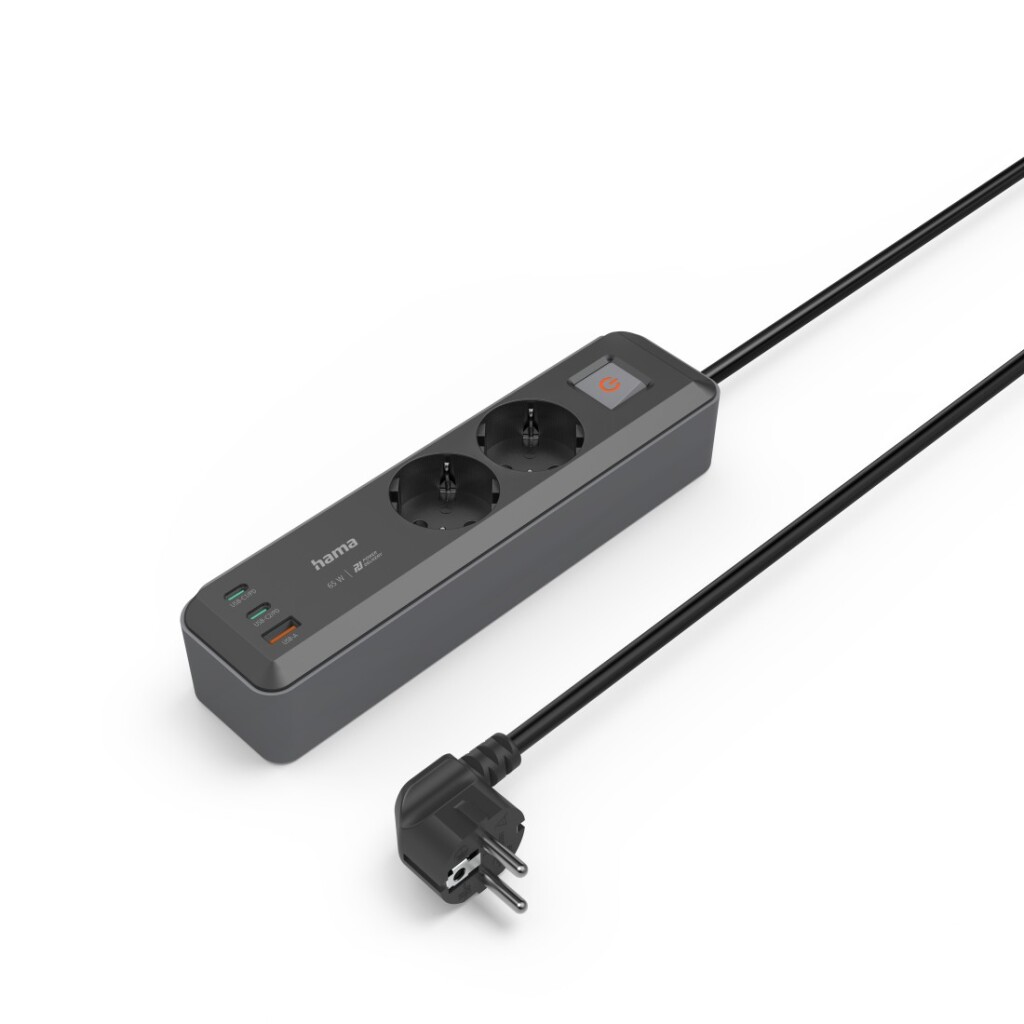 Hama Stekkerdoos 2-voudig USB-C/A 65W PD Schakelaar 1,4 M Zwart/grijs - Afbeelding 3