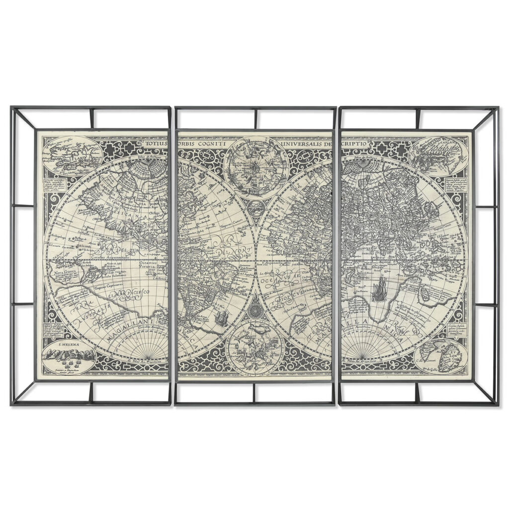 Set van 3 Schilderijen Home ESPRIT Wit Zwart Wereldkaart 222 x 8 x 140 cm (3 Onderdelen)