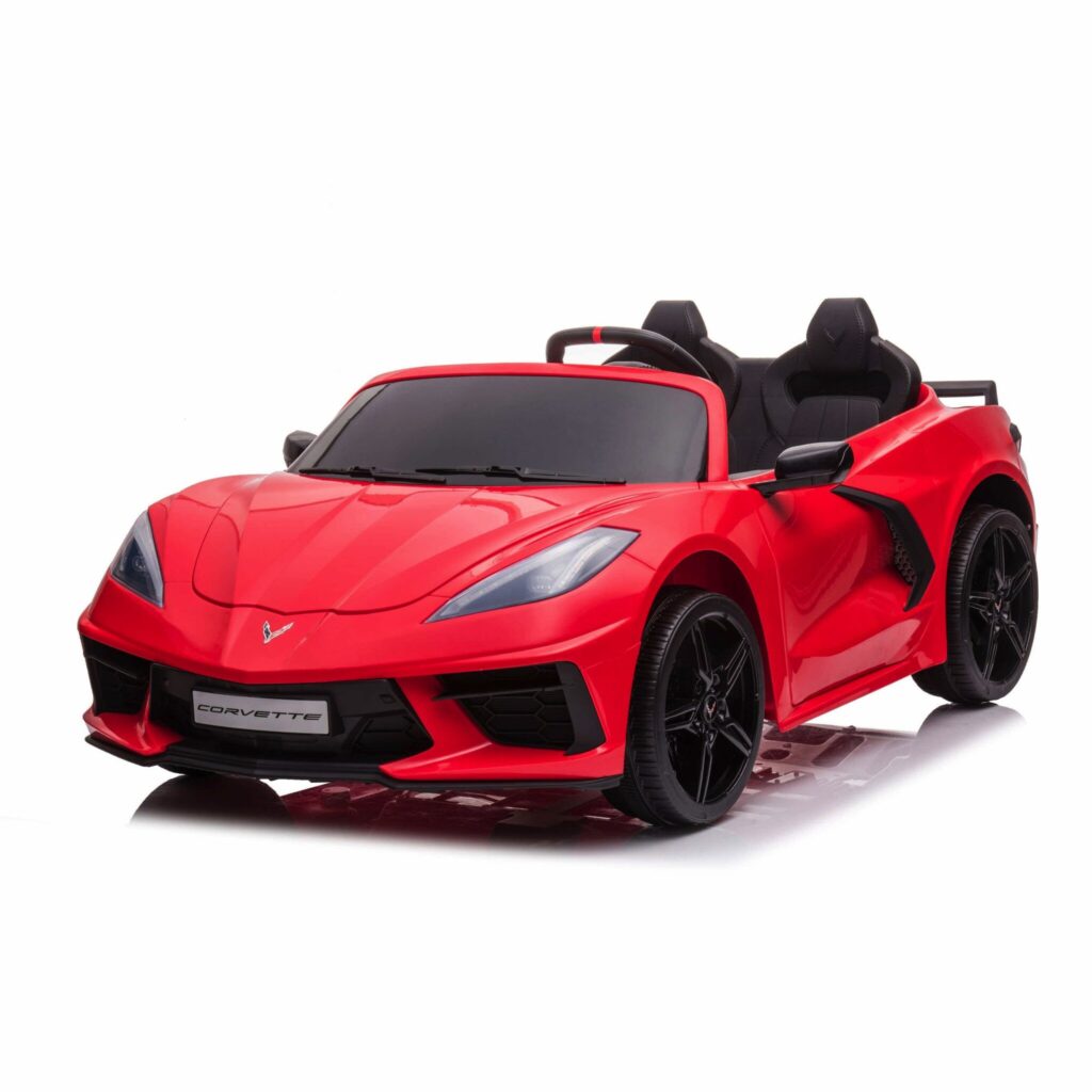 Corvette Stingray, 2-Persoons Elektrische kindervoertuig, 12V met Rubberen Banden, Leder Zitje en Meer – rood